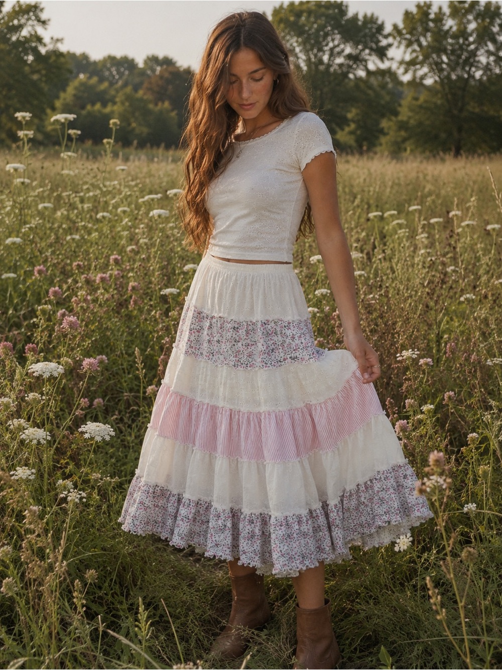 Vintage Y2K No Boundaries 100% Cotton Tiered Patchwork Ruffle Midi Skirt Pink L - Picture 3 of 9